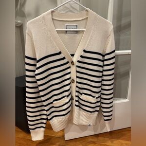 Cream & Navy Striped V-Neck Cardigan